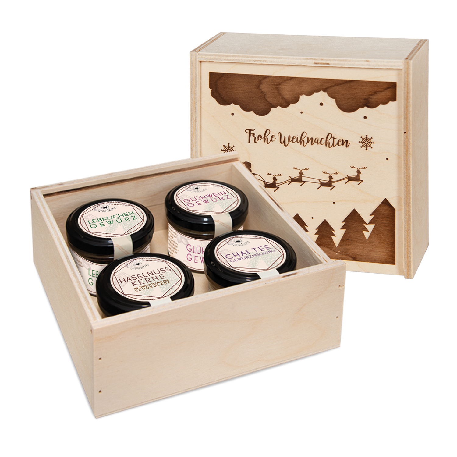 Gourmetkästchen aus Birkenholz mit 4 Gourmet Gewürzen/Chili