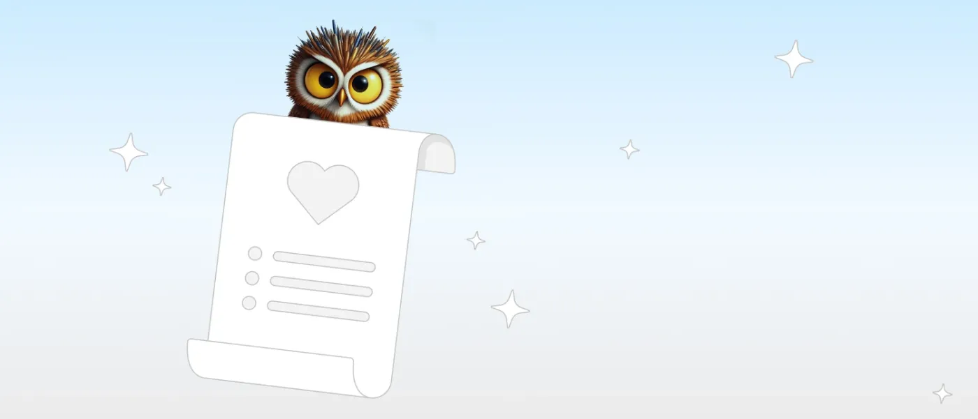 Ein Owl hält ein Dokument mit Herzsymbol.